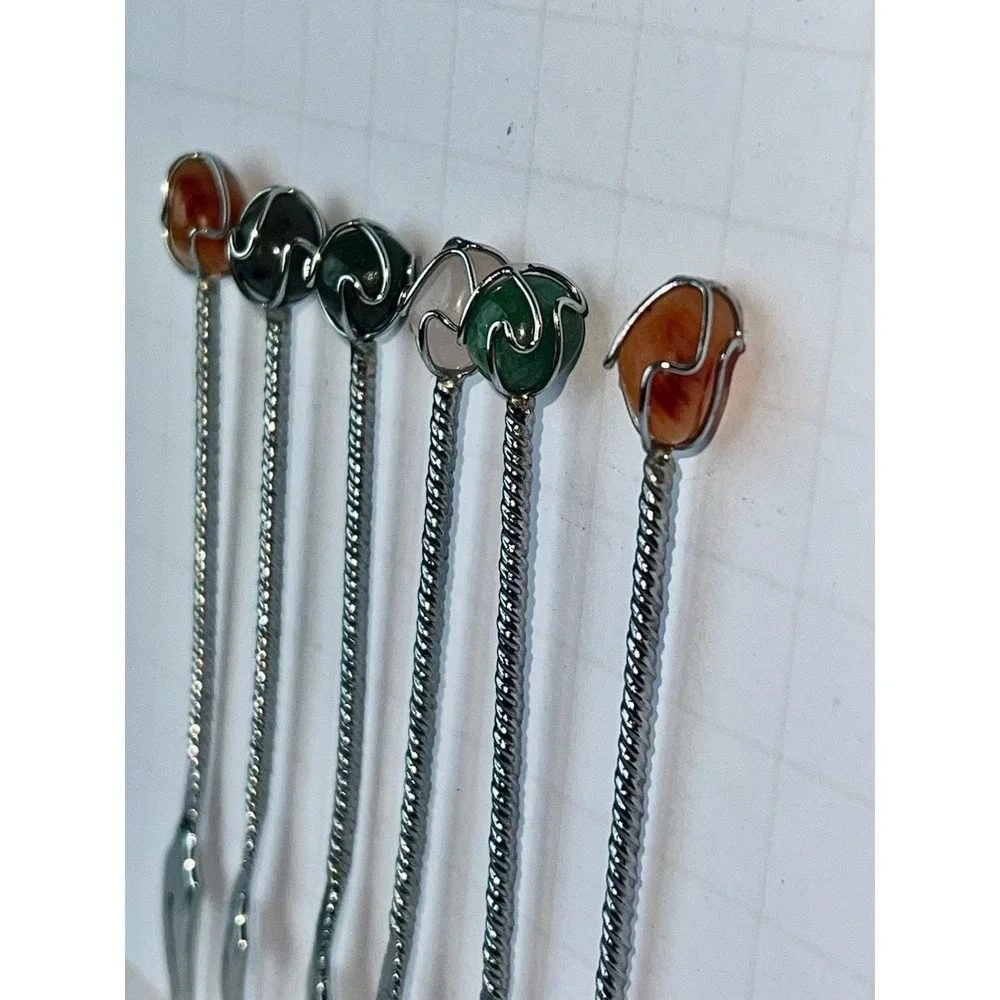 Vintage Cocktail Fork Set 6 Colored Stone Tops
